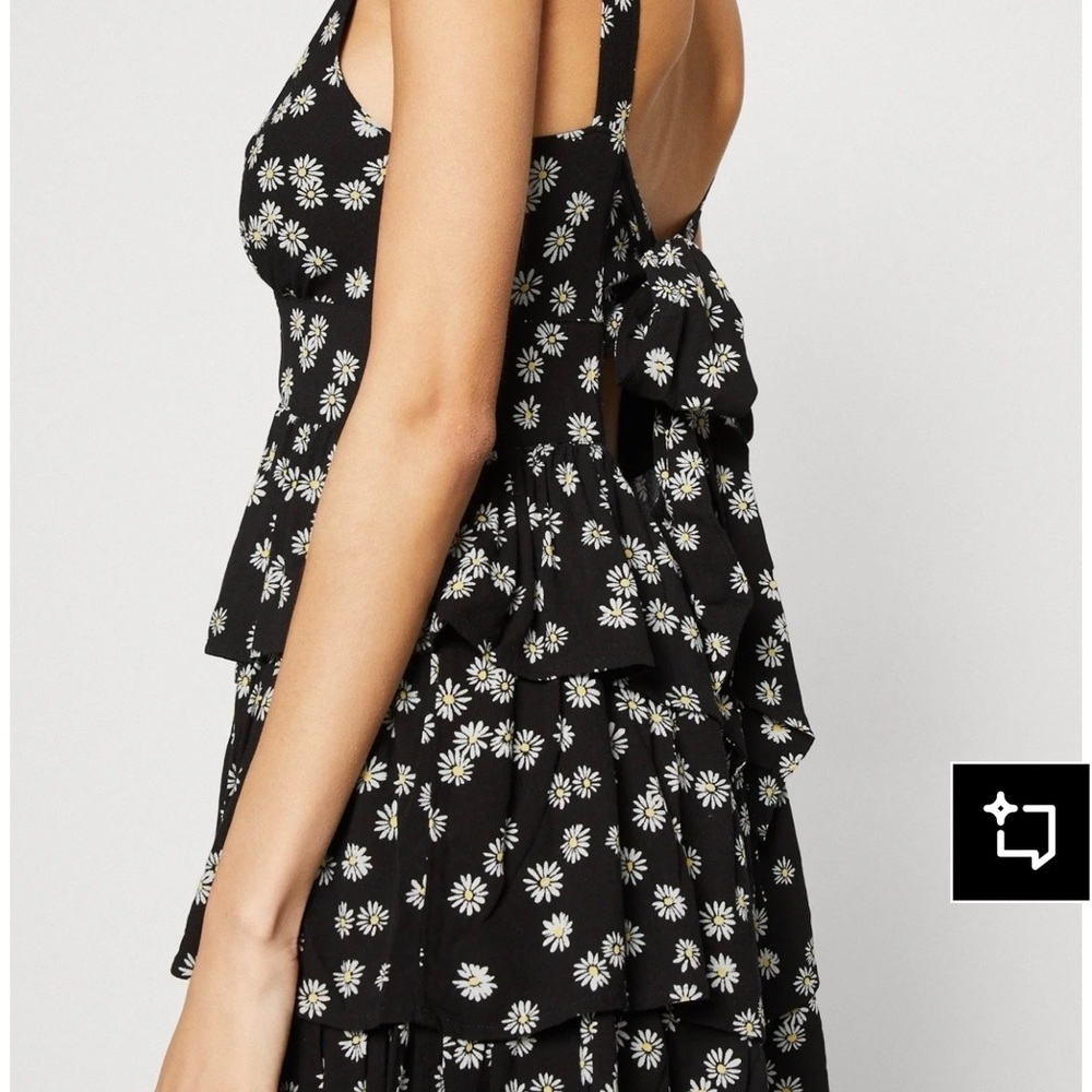 Gap‎ Small Black Ditsy Floral Bow Tie Back Ruffle Tiered Hem Mini Dress Flirty - Picture 4 of 10